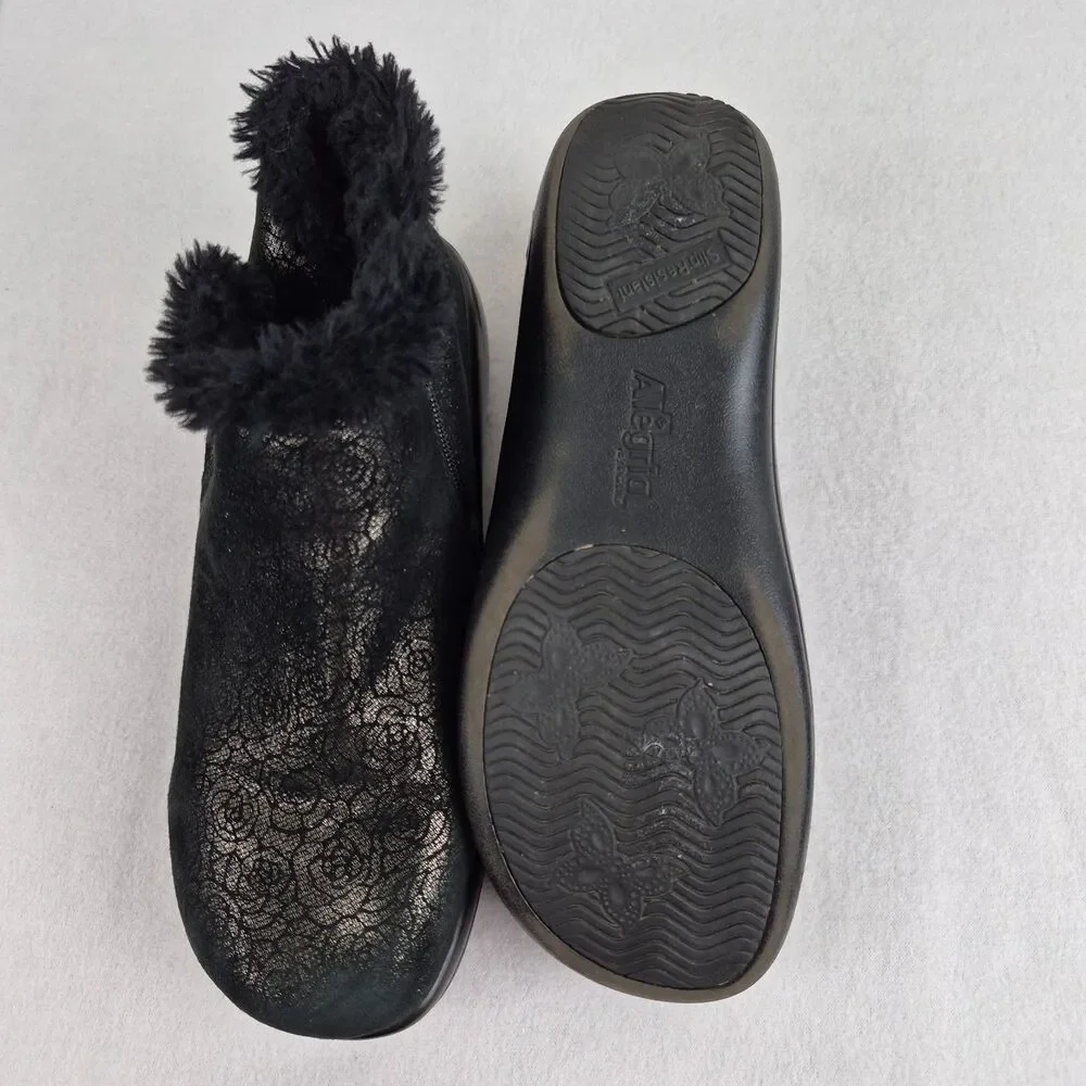 ALEGRIA Women's Meri Ankle Booties sz 9.5 Black Floral Faux fur Side Zip